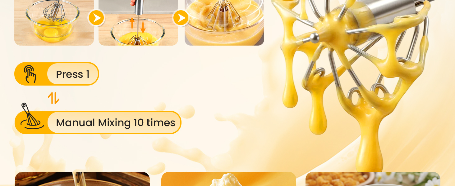 Upgraded Stainless Steel Semi-Automatic Whisk - Easy to Use Whizzy Whisk, Versatile Wisker Tool for Cooking, Kitchen Essential Egg Beater for Baking, Whisking, Beating & Stirring (10in）