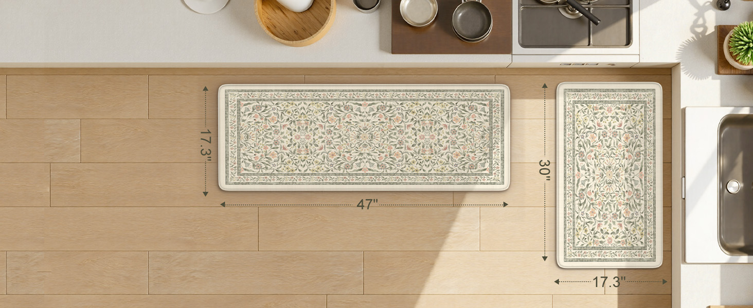 KIMODE Anti Fatigue Kitchen Mats for Floor, Boho Floral Kitchen Rugs Sets of 2, Cushioned Kitchen Floor Mats Non Slip, Comfort Spring Rugs for Kitchen Floor Sink Laundry Desk Beige 17.3