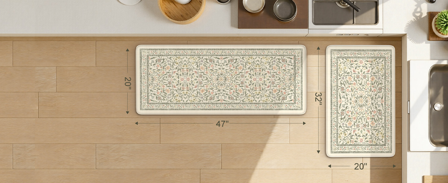 KIMODE Anti Fatigue Kitchen Mats for Floor, Boho Floral Kitchen Rugs Sets of 2, Cushioned Kitchen Floor Mats Non Slip, Comfort Spring Rugs for Kitchen Floor Sink Laundry Desk Beige 17.3