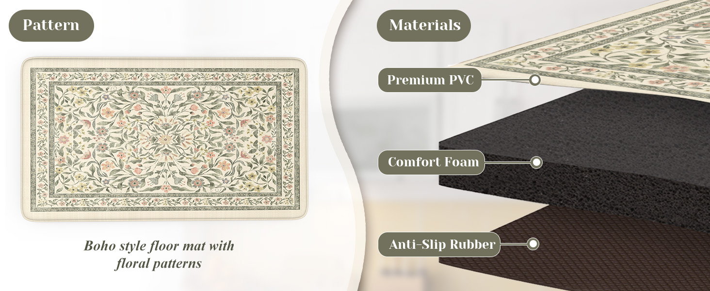 KIMODE Anti Fatigue Kitchen Mats for Floor, Boho Floral Kitchen Rugs Sets of 2, Cushioned Kitchen Floor Mats Non Slip, Comfort Spring Rugs for Kitchen Floor Sink Laundry Desk Beige 17.3