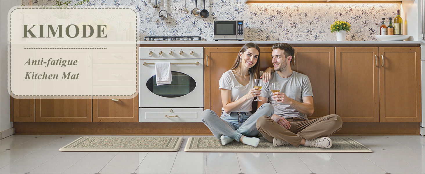 KIMODE Anti Fatigue Kitchen Mats for Floor, Boho Floral Kitchen Rugs Sets of 2, Cushioned Kitchen Floor Mats Non Slip, Comfort Spring Rugs for Kitchen Floor Sink Laundry Desk Beige 17.3