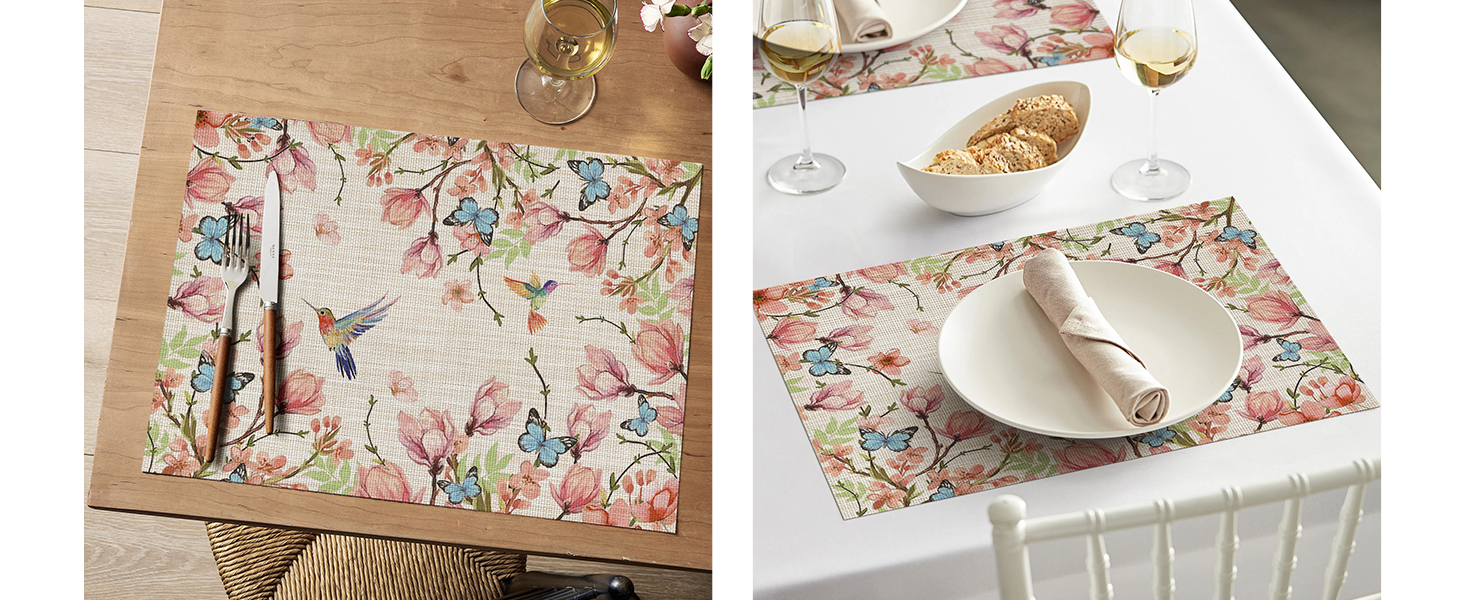 Artoid Mode Birds Flower Butterfly Placemats Set of 4, 12x18 Inch Plastic Woven Wipeable Non-Slip PVC Place Mats for Party Kitchen Dining Decor