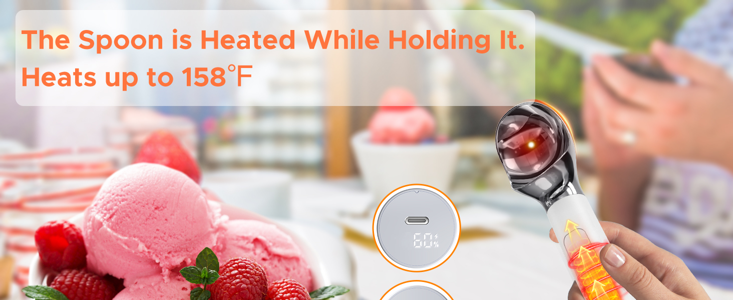 LT LAUDTEC Heated Ice Cream Scoop, Rechargeable Electric Warming Scooper, Heats to 158F for Hard Ice Cream, IP67 Waterproof, Easy for Seniors & Kids (White)