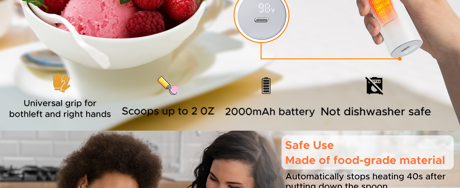 LT LAUDTEC Heated Ice Cream Scoop, Rechargeable Electric Warming Scooper, Heats to 158F for Hard Ice Cream, IP67 Waterproof, Easy for Seniors & Kids (White)