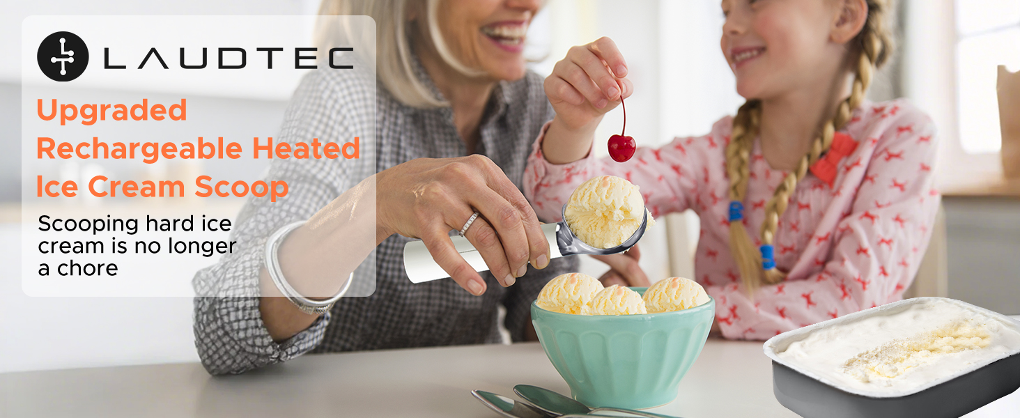 LT LAUDTEC Heated Ice Cream Scoop, Rechargeable Electric Warming Scooper, Heats to 158F for Hard Ice Cream, IP67 Waterproof, Easy for Seniors & Kids (White)