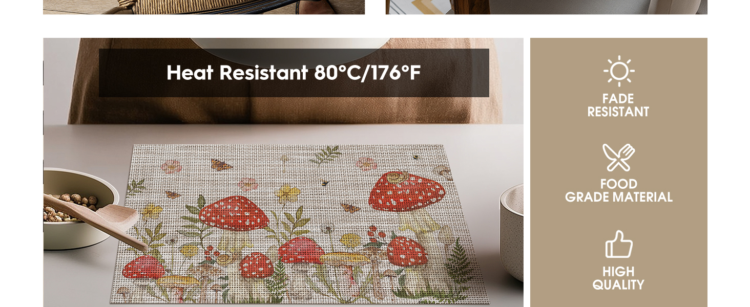 Artoid Mode Beige Mushroom Moth Flowers Placemats Set of 4, 12x18 Inch Plastic Woven Wipeable Non-Slip PVC Place Mats for Party Kitchen Dining Decor