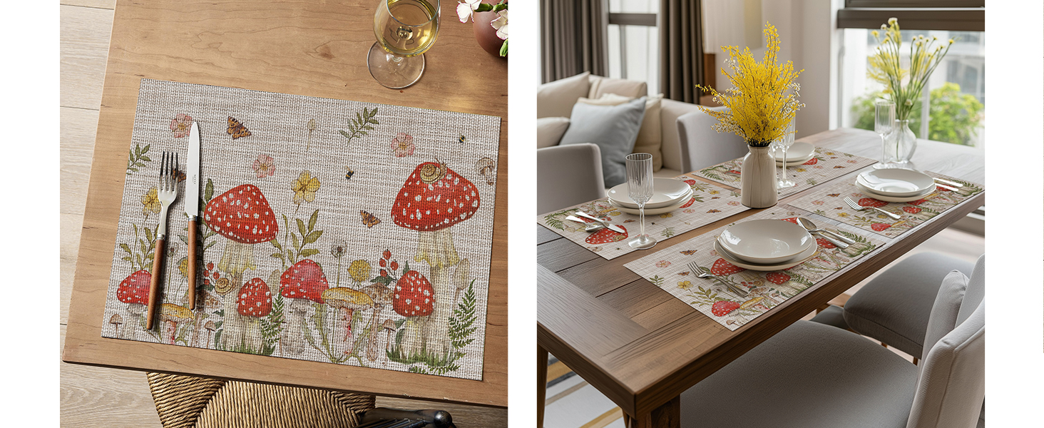 Artoid Mode Beige Mushroom Moth Flowers Placemats Set of 4, 12x18 Inch Plastic Woven Wipeable Non-Slip PVC Place Mats for Party Kitchen Dining Decor
