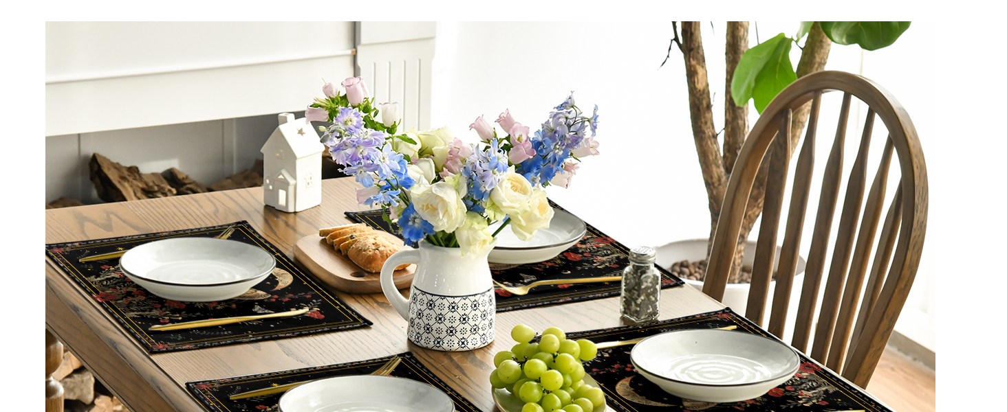 Artoid Mode Black Poppy Moth Moon Placemats Set of 4, 12x18 Inch Floral Spring Table Mats for Outdoor Home Party Kitchen Dining Decor