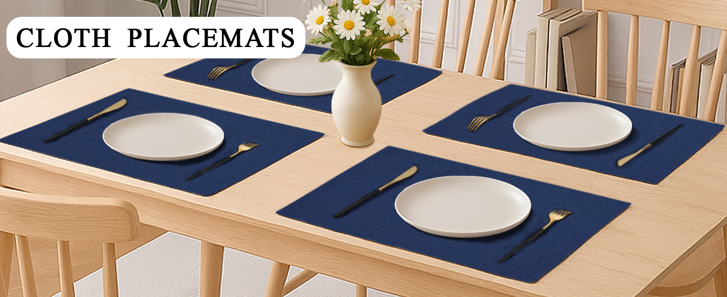 Cloth Placemats Set of 6, Cotton Linen Blend Machine Washable Double Layered Durable Place Mats Heat Resistant Placemats Wrinkle Free Thick Fabric Dining Table Mats (Navy Blue, 6)
