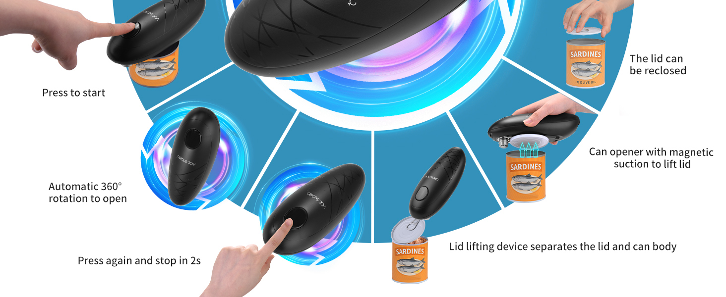 CIRCLE JOY Electric Can Opener, One-Touch Automatic Can Opening with Smooth Edges, Food Safety Handheld Battery-Operated Can Opener for Kitchen and Seniors, Black