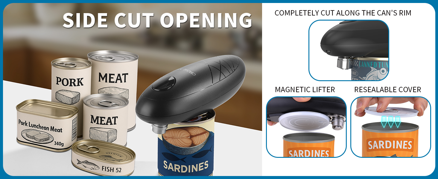 CIRCLE JOY Electric Can Opener, One-Touch Automatic Can Opening with Smooth Edges, Food Safety Handheld Battery-Operated Can Opener for Kitchen and Seniors, Black