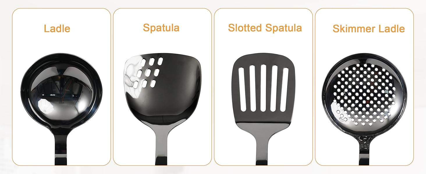 FJNATINH Stainless Steel Wok Spatula,Slotted Spatulas,Ladle,Skimmer Ladle Tool Set,Mirror Polished Cooking Utensils Kitchen Cookware, Pack of 4,Black