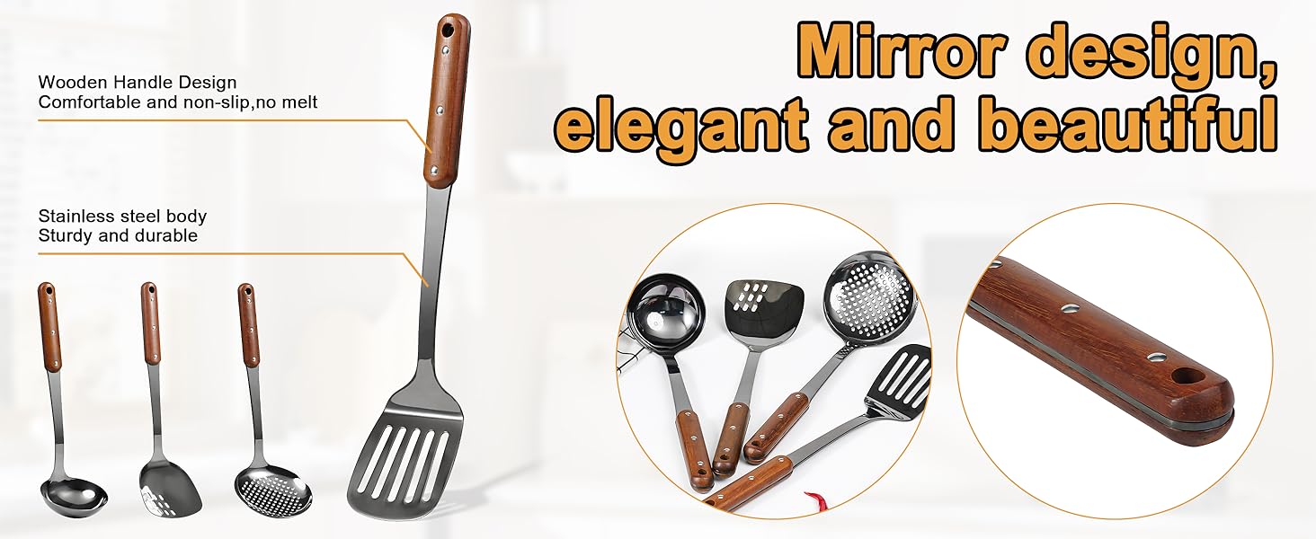 FJNATINH Stainless Steel Wok Spatula,Slotted Spatulas,Ladle,Skimmer Ladle Tool Set,Mirror Polished Cooking Utensils Kitchen Cookware, Pack of 4,Black