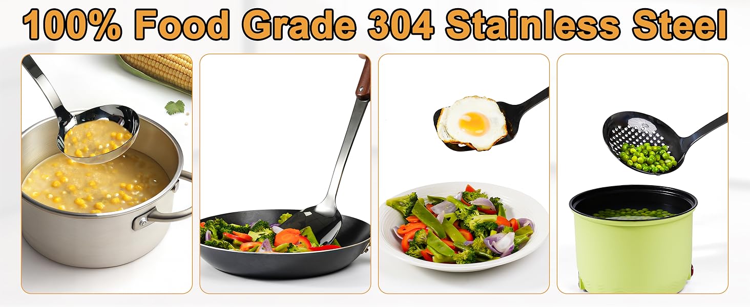 FJNATINH Stainless Steel Wok Spatula,Slotted Spatulas,Ladle,Skimmer Ladle Tool Set,Mirror Polished Cooking Utensils Kitchen Cookware, Pack of 4,Black