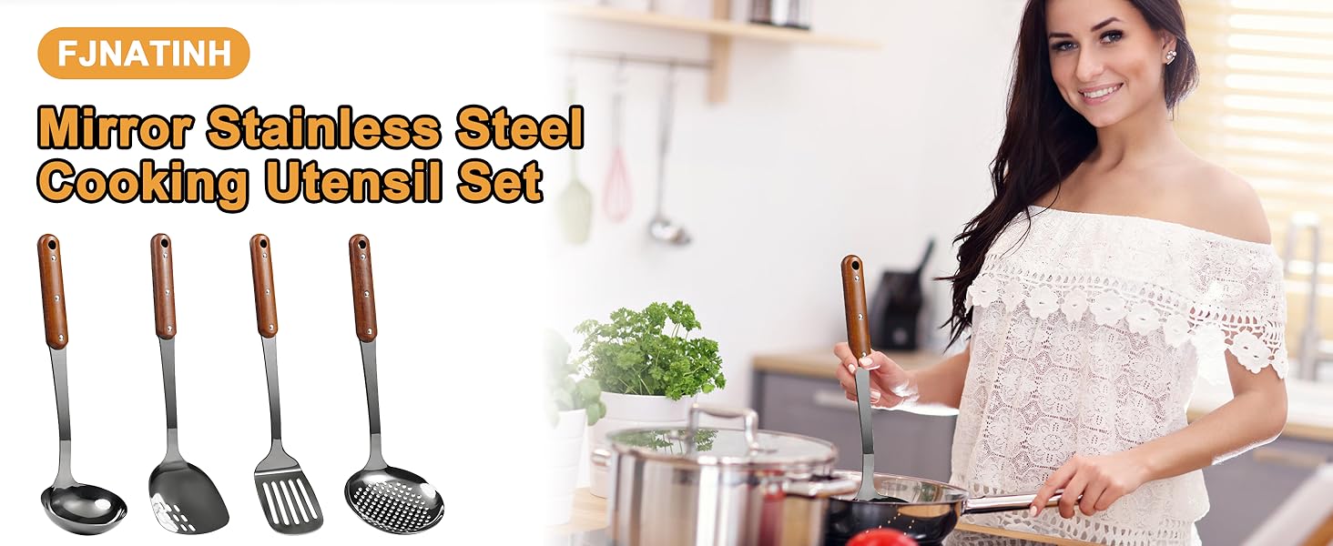 FJNATINH Stainless Steel Wok Spatula,Slotted Spatulas,Ladle,Skimmer Ladle Tool Set,Mirror Polished Cooking Utensils Kitchen Cookware, Pack of 4,Black