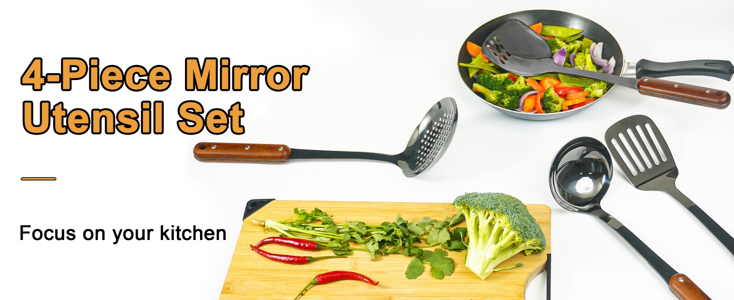 FJNATINH Stainless Steel Wok Spatula,Slotted Spatulas,Ladle,Skimmer Ladle Tool Set,Mirror Polished Cooking Utensils Kitchen Cookware, Pack of 4,Black