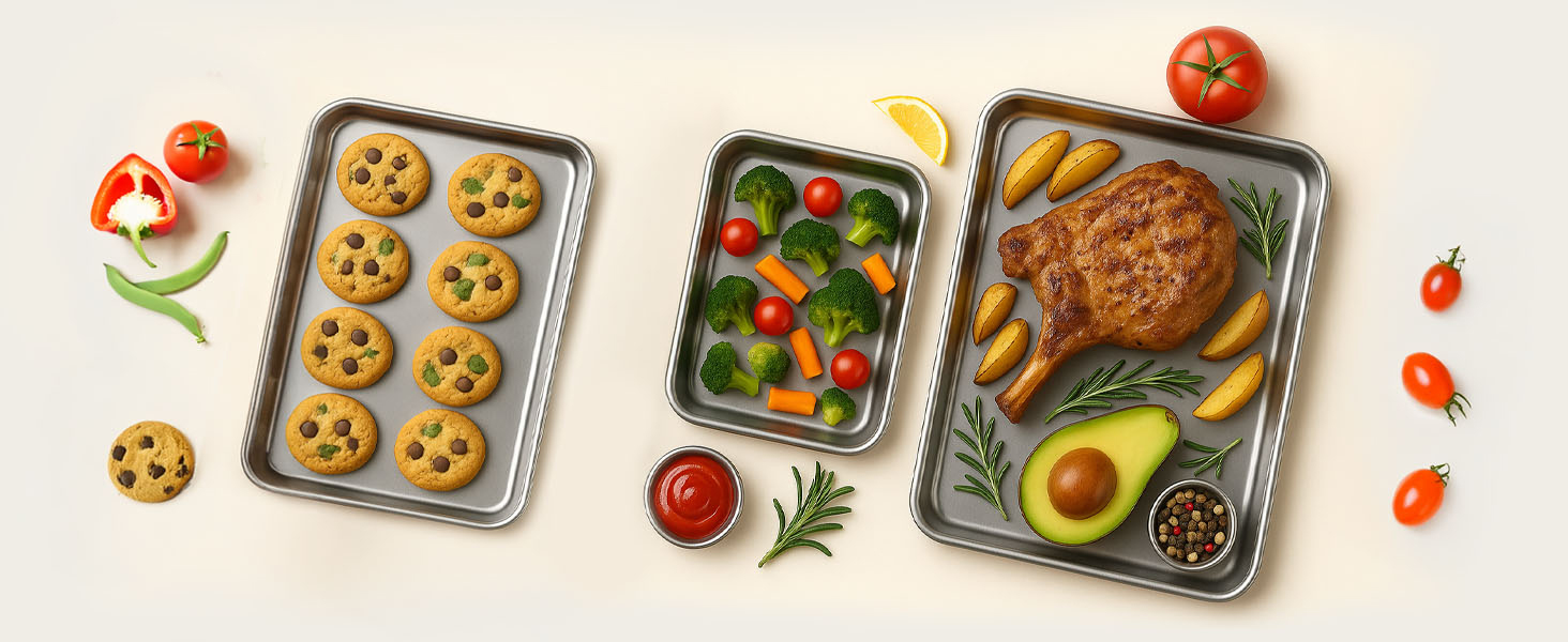Baker’s Signature Stainless Steel Cookie Sheet Pan, Stainless Steel Baking Sheet Set of 3, Mirror Finish, Non-Stick, Rust Resistant, BPA Free, Dishwasher Safe, 9/12/16 Inch