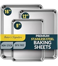 Baker’s Signature Stainless Steel Cookie Sheet Pan, Stainless Steel Baking Sheet Set of 3, Mirror Finish, Non-Stick, Rust Resistant, BPA Free, Dishwasher Safe, 9/12/16 Inch