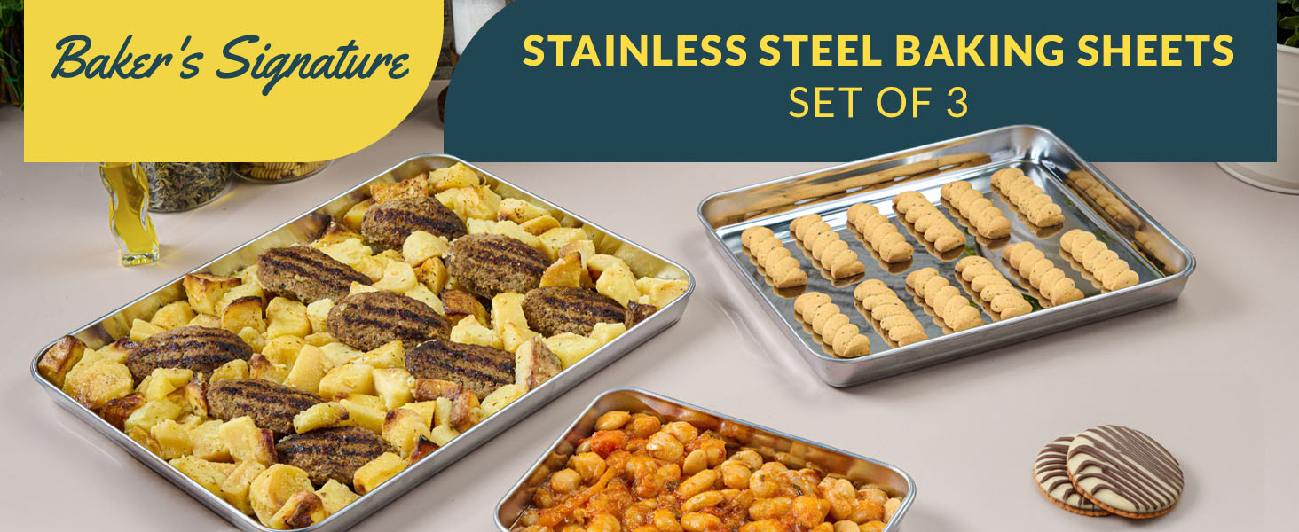Baker’s Signature Stainless Steel Cookie Sheet Pan, Stainless Steel Baking Sheet Set of 3, Mirror Finish, Non-Stick, Rust Resistant, BPA Free, Dishwasher Safe, 9/12/16 Inch