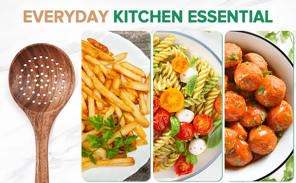 Wooden Cooking Utensil, Teak Slotted Spoon for Cooking, Natural Wood Colander Ladle Spoon with Holes, Long Handle Teak Skimmer Strainer Spoon with Teeth for Straining Draining Egg Meat Noodles,11.2″