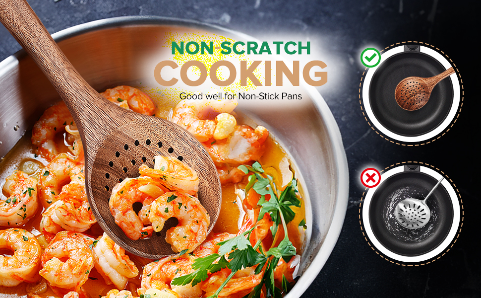 Wooden Cooking Utensil, Teak Slotted Spoon for Cooking, Natural Wood Colander Ladle Spoon with Holes, Long Handle Teak Skimmer Strainer Spoon with Teeth for Straining Draining Egg Meat Noodles,11.2″