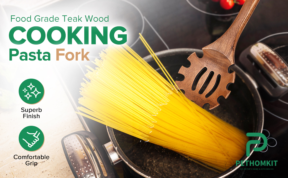 Wooden Pasta Spaghetti Spoon with Teeth, Teak Slotted Pasta Spaghetti Strainer Spoon for Cooking Serving Collecting, Wooden Pasta Fork Server Utensil with Claws, Wood Noodle Strainer,12.8″, Brown