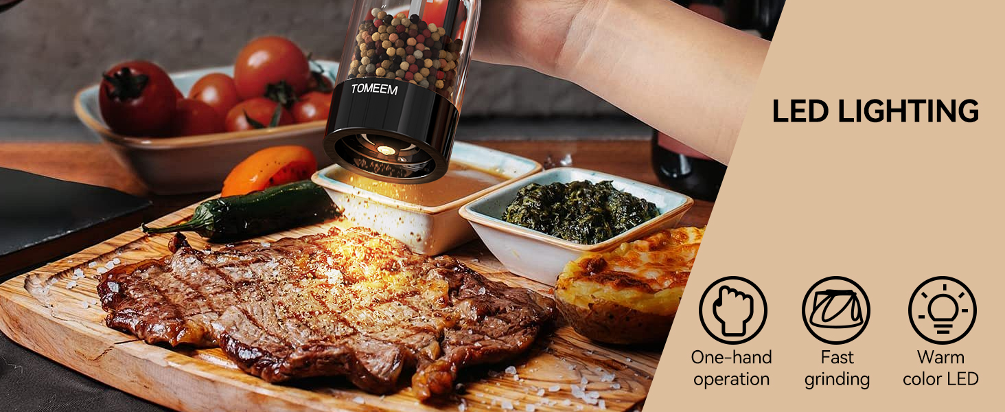 TOMEEM Electric Salt and Pepper Grinder Set – Rechargeable with LED Power Indicator, 5-Level Adjustable Grinding, LED Light, 4.5oz Large Capacity Salt and Pepper Shakers with Storage Base