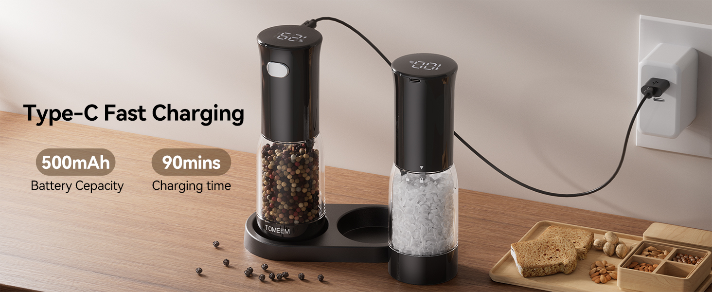 TOMEEM Electric Salt and Pepper Grinder Set – Rechargeable with LED Power Indicator, 5-Level Adjustable Grinding, LED Light, 4.5oz Large Capacity Salt and Pepper Shakers with Storage Base