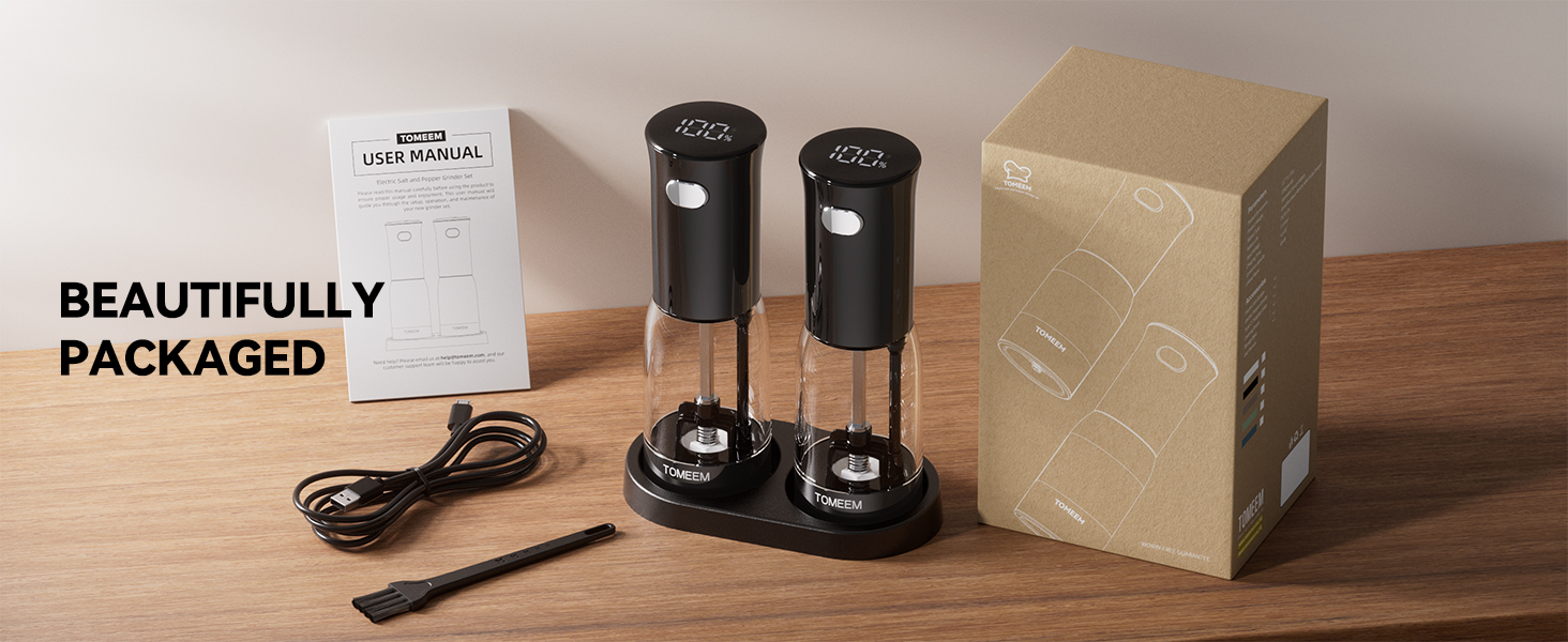 TOMEEM Electric Salt and Pepper Grinder Set – Rechargeable with LED Power Indicator, 5-Level Adjustable Grinding, LED Light, 4.5oz Large Capacity Salt and Pepper Shakers with Storage Base