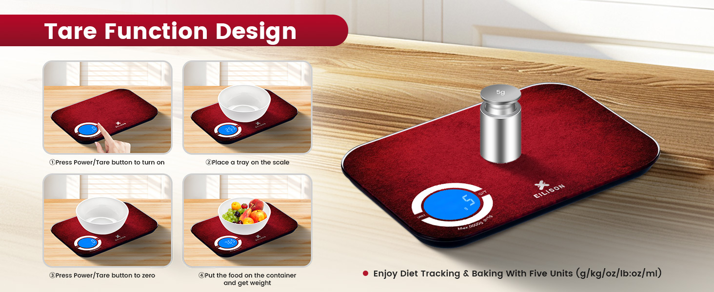 EILISON Smart Kitchen Scale with Bluetooth App, High-Precision Digital Food Scale for Baking, Cooking & Diet, 8000 Food Database, 24 Nutrients, Touchscreen, Tare Function, 5g-8000g Capacity (Red)