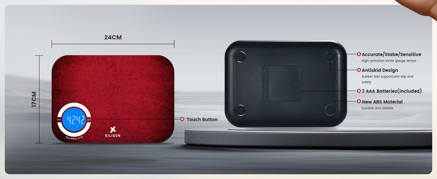 EILISON Smart Kitchen Scale with Bluetooth App, High-Precision Digital Food Scale for Baking, Cooking & Diet, 8000 Food Database, 24 Nutrients, Touchscreen, Tare Function, 5g-8000g Capacity (Red)