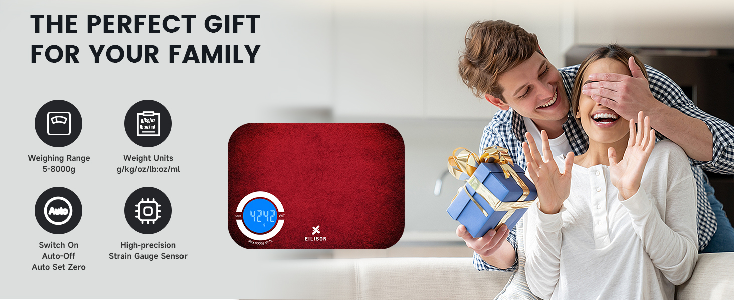 EILISON Smart Kitchen Scale with Bluetooth App, High-Precision Digital Food Scale for Baking, Cooking & Diet, 8000 Food Database, 24 Nutrients, Touchscreen, Tare Function, 5g-8000g Capacity (Red)