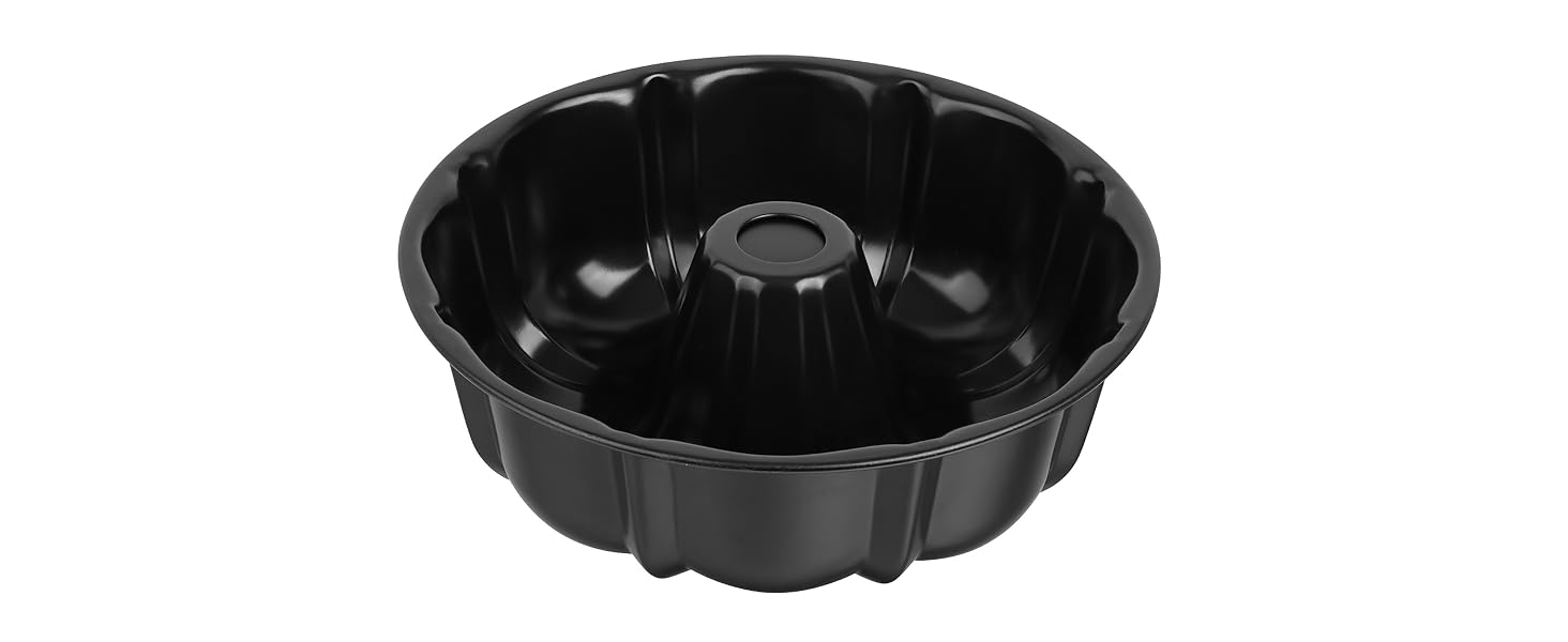 Onader 10 Inch Cake Pan, Non-Stick Round Fluted Tube Pan for Baking Pound Cake, 10 Cups Large Heavy Duty Carbon Steel Baking Mold Bakeware, Black