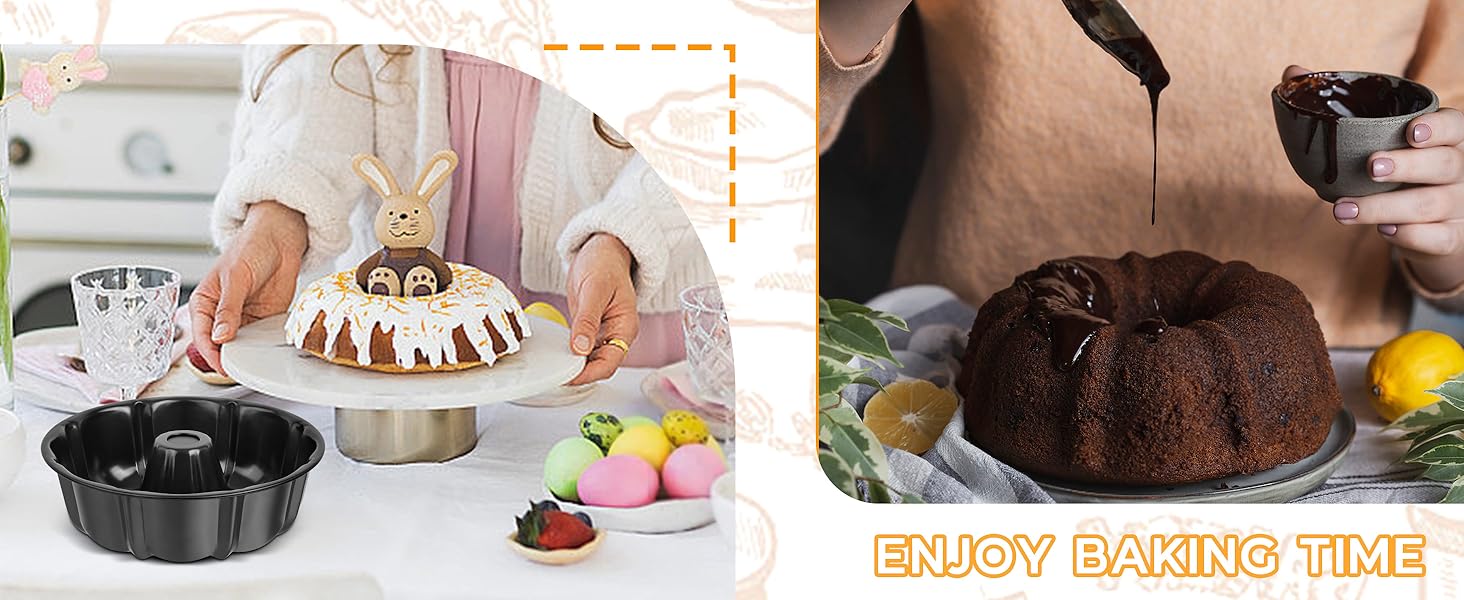 Onader 10 Inch Cake Pan, Non-Stick Round Fluted Tube Pan for Baking Pound Cake, 10 Cups Large Heavy Duty Carbon Steel Baking Mold Bakeware, Black