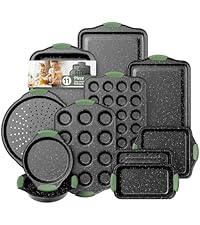 11-Piece Kitchen Nonstick Stackable Bakeware Set, Non Toxic Bakeware Sets with Silicone Handles, Includes Cookie Sheets, Cake Pan, Loaf Pan, Pizza Pan, Muffin Pan, White