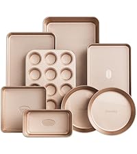 11-Piece Kitchen Nonstick Stackable Bakeware Set, Non Toxic Bakeware Sets with Silicone Handles, Includes Cookie Sheets, Cake Pan, Loaf Pan, Pizza Pan, Muffin Pan, White