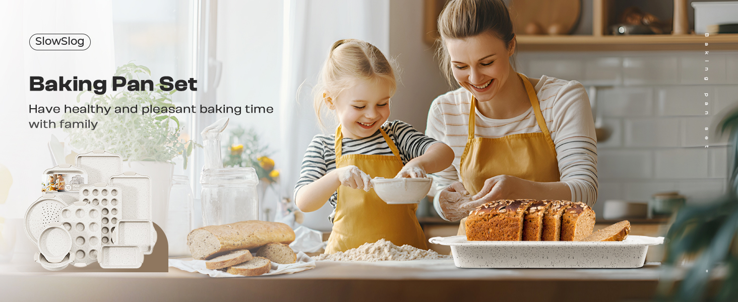 11-Piece Kitchen Nonstick Stackable Bakeware Set, Non Toxic Bakeware Sets with Silicone Handles, Includes Cookie Sheets, Cake Pan, Loaf Pan, Pizza Pan, Muffin Pan, White