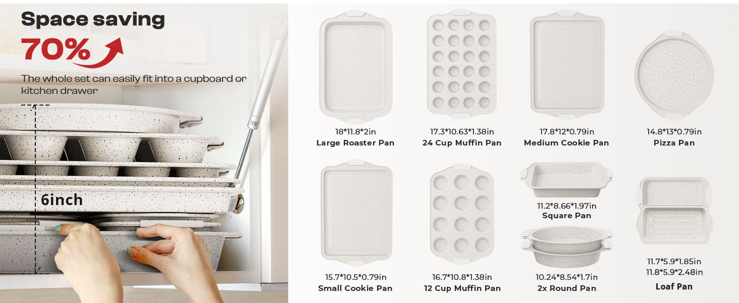 11-Piece Kitchen Nonstick Stackable Bakeware Set, Non Toxic Bakeware Sets with Silicone Handles, Includes Cookie Sheets, Cake Pan, Loaf Pan, Pizza Pan, Muffin Pan, White