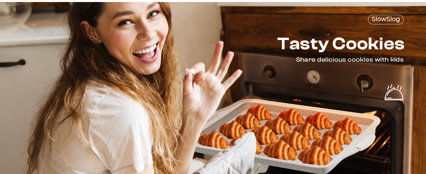 11-Piece Kitchen Nonstick Stackable Bakeware Set, Non Toxic Bakeware Sets with Silicone Handles, Includes Cookie Sheets, Cake Pan, Loaf Pan, Pizza Pan, Muffin Pan, White