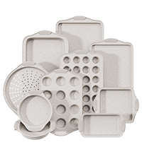 11-Piece Kitchen Nonstick Stackable Bakeware Set, Non Toxic Bakeware Sets with Silicone Handles, Includes Cookie Sheets, Cake Pan, Loaf Pan, Pizza Pan, Muffin Pan, White