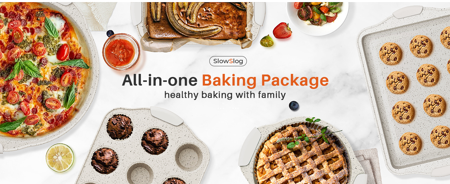 11-Piece Kitchen Nonstick Stackable Bakeware Set, Non Toxic Bakeware Sets with Silicone Handles, Includes Cookie Sheets, Cake Pan, Loaf Pan, Pizza Pan, Muffin Pan, White