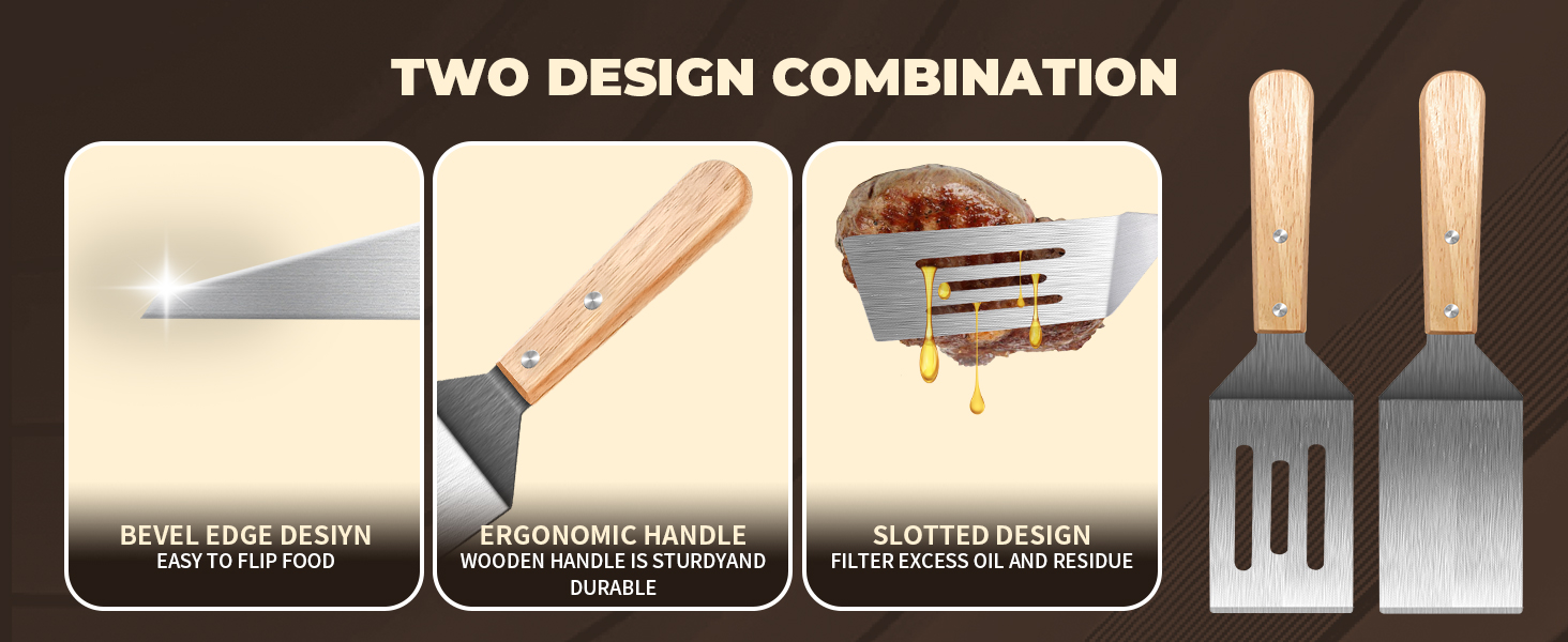 Stainless Steel Spatula Set, 2 Pieces Metal Spatula for Cast Iron Skillet, Metal Spatulas for Kitchen Use with Wooden Handle, Ideal for Frying Steak, Pancake, Cookie, Burger, Brownie or Desserts