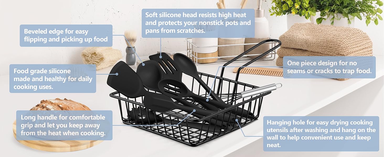 TeamFar 8 PCS Silicone Cooking Utensils - 446°F Heat Resistant Kitchen Silicon Utensils Set, Turner, Spatula, Spoon, Whisk, Kitchen Cooking Gadgets Tools for Nonstick Cookware, Dishwasher Safe-Black