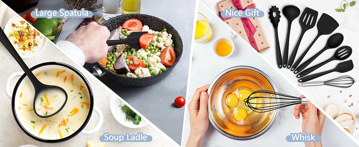 TeamFar 8 PCS Silicone Cooking Utensils - 446°F Heat Resistant Kitchen Silicon Utensils Set, Turner, Spatula, Spoon, Whisk, Kitchen Cooking Gadgets Tools for Nonstick Cookware, Dishwasher Safe-Black