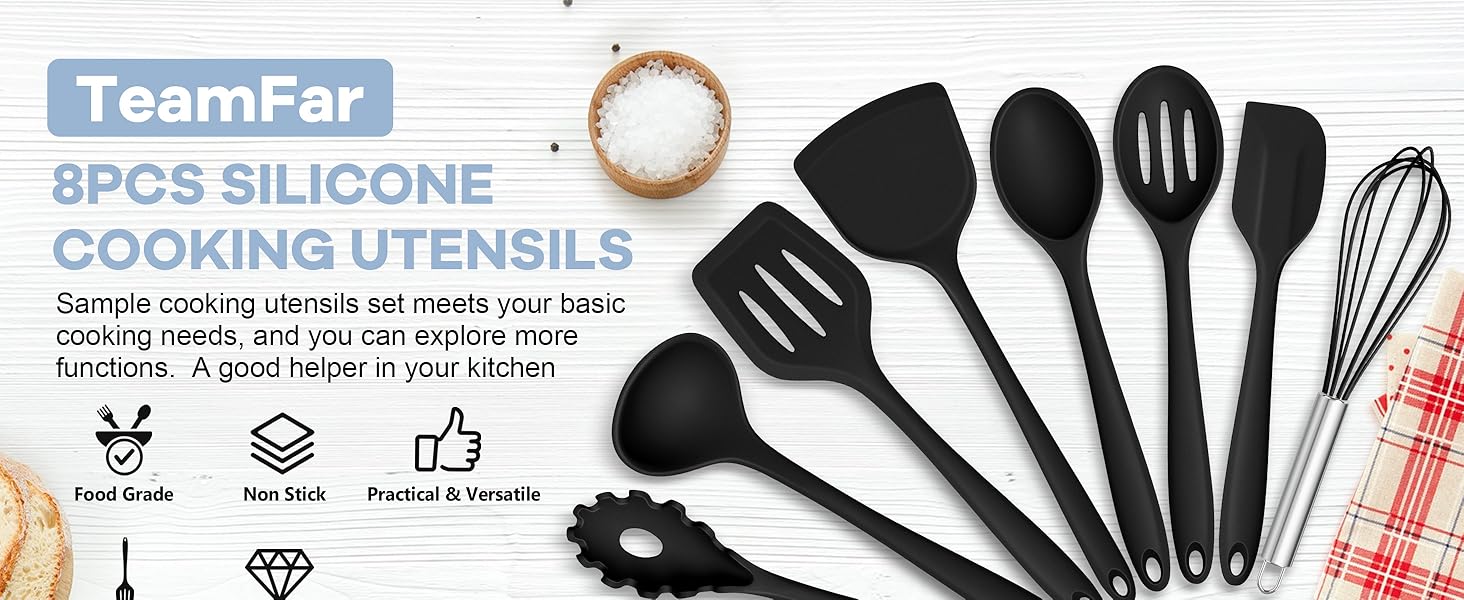 TeamFar 8 PCS Silicone Cooking Utensils - 446°F Heat Resistant Kitchen Silicon Utensils Set, Turner, Spatula, Spoon, Whisk, Kitchen Cooking Gadgets Tools for Nonstick Cookware, Dishwasher Safe-Black