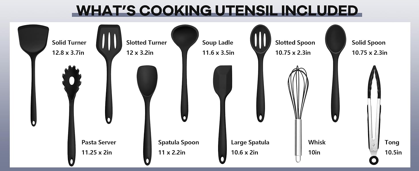 TeamFar Silicone Cooking Utensils, 10 pcs Kitchen Cooking Utensils Set, 446°F Heat Resistant Kitchen Gadgets Tools Set w/Spatula, Turners, Spoons, Soup Ladle, Pasta Server for Nonstick Cookware, Black