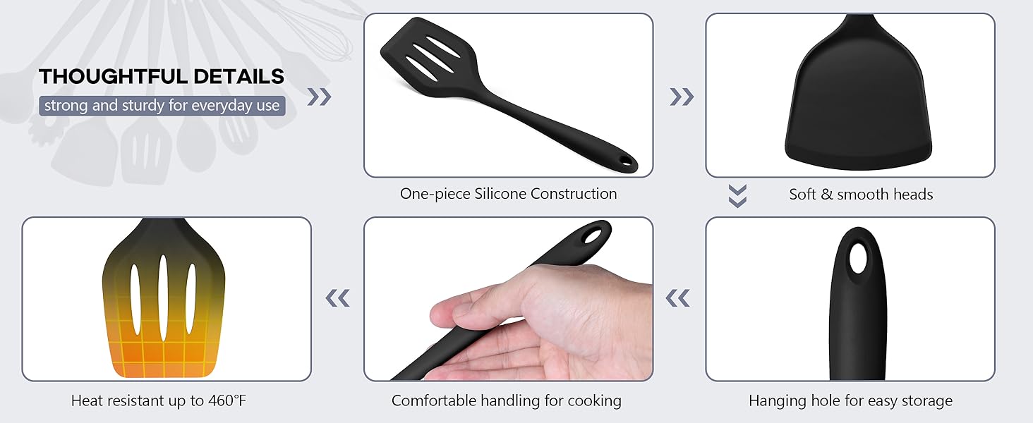 TeamFar Silicone Cooking Utensils, 10 pcs Kitchen Cooking Utensils Set, 446°F Heat Resistant Kitchen Gadgets Tools Set w/Spatula, Turners, Spoons, Soup Ladle, Pasta Server for Nonstick Cookware, Black