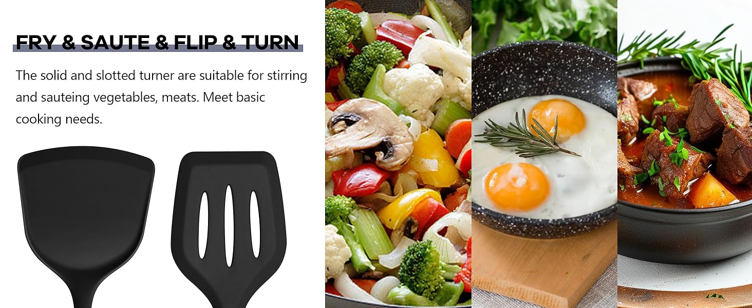 TeamFar Silicone Cooking Utensils, 10 pcs Kitchen Cooking Utensils Set, 446°F Heat Resistant Kitchen Gadgets Tools Set w/Spatula, Turners, Spoons, Soup Ladle, Pasta Server for Nonstick Cookware, Black