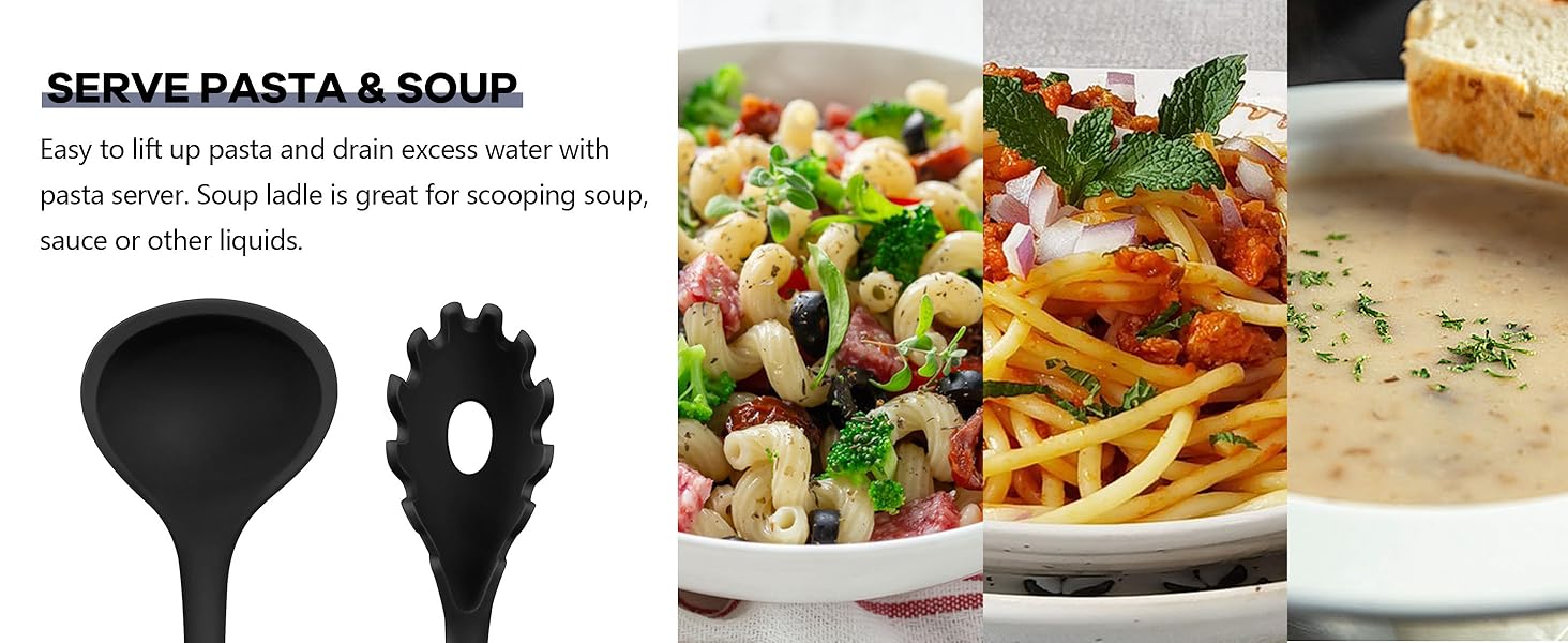 TeamFar Silicone Cooking Utensils, 10 pcs Kitchen Cooking Utensils Set, 446°F Heat Resistant Kitchen Gadgets Tools Set w/Spatula, Turners, Spoons, Soup Ladle, Pasta Server for Nonstick Cookware, Black