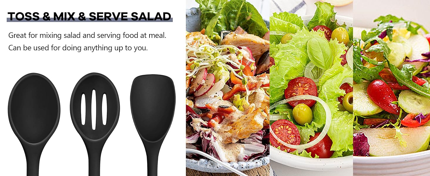 TeamFar Silicone Cooking Utensils, 10 pcs Kitchen Cooking Utensils Set, 446°F Heat Resistant Kitchen Gadgets Tools Set w/Spatula, Turners, Spoons, Soup Ladle, Pasta Server for Nonstick Cookware, Black